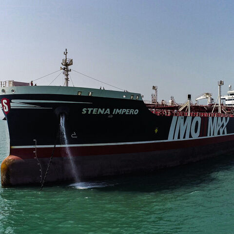 This picture taken on Sept. 27, 2019 shows the British-flagged oil tanker Stena Impero as it leaves Bandar Abbas port in southern Iran.
