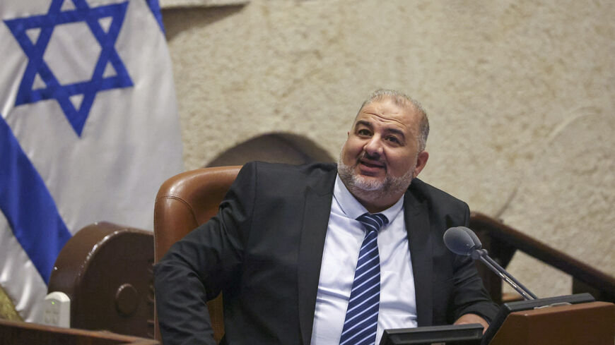Head of Israel's conservative Islamic Raam party Mansour Abbas leads a discussion and a vote on a bill to dissolve the Knesset (parliament), during a session in Jerusalem, on June 29, 2022.