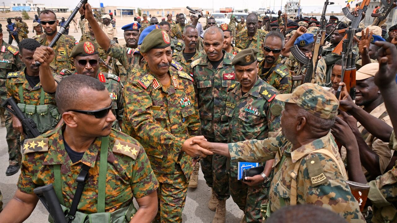 Sudanese army chief Abdel Fattah al-Burhan visits the Flamingo Marine Base in Port Sudan on Aug. 28, 2023.