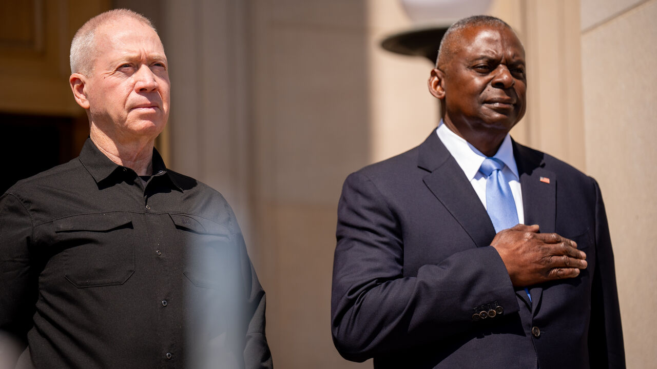 US Secretary of Defense Lloyd Austin and Israeli Defense Minister Yoav Gallant stand during an honor cordon at the Pentagon on June 25, 2024 in Arlington, Virginia.