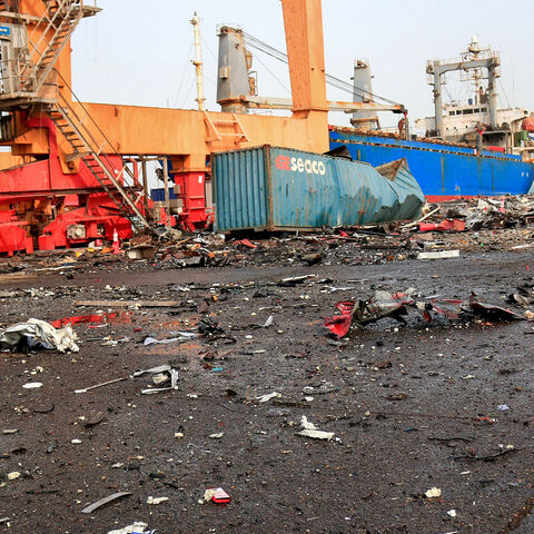 Debris litters a loading dock a day after Israeli strikes on the port of Yemen's Houthi-held city of Hodeida on July 21, 2024.