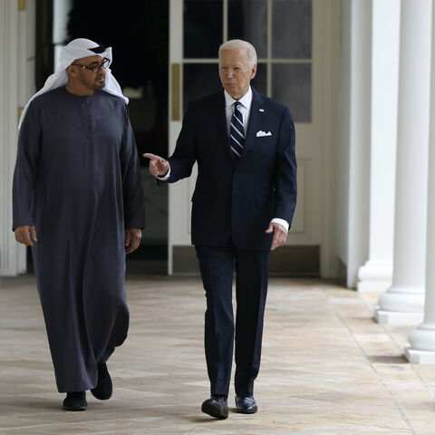 US President Joe Biden and United Arab Emirates President Sheikh Mohamed bin Zayed Al Nahyan walk to the Oval Office for a meeting at the White House on Sept. 23, 2024 in Washington, DC.
