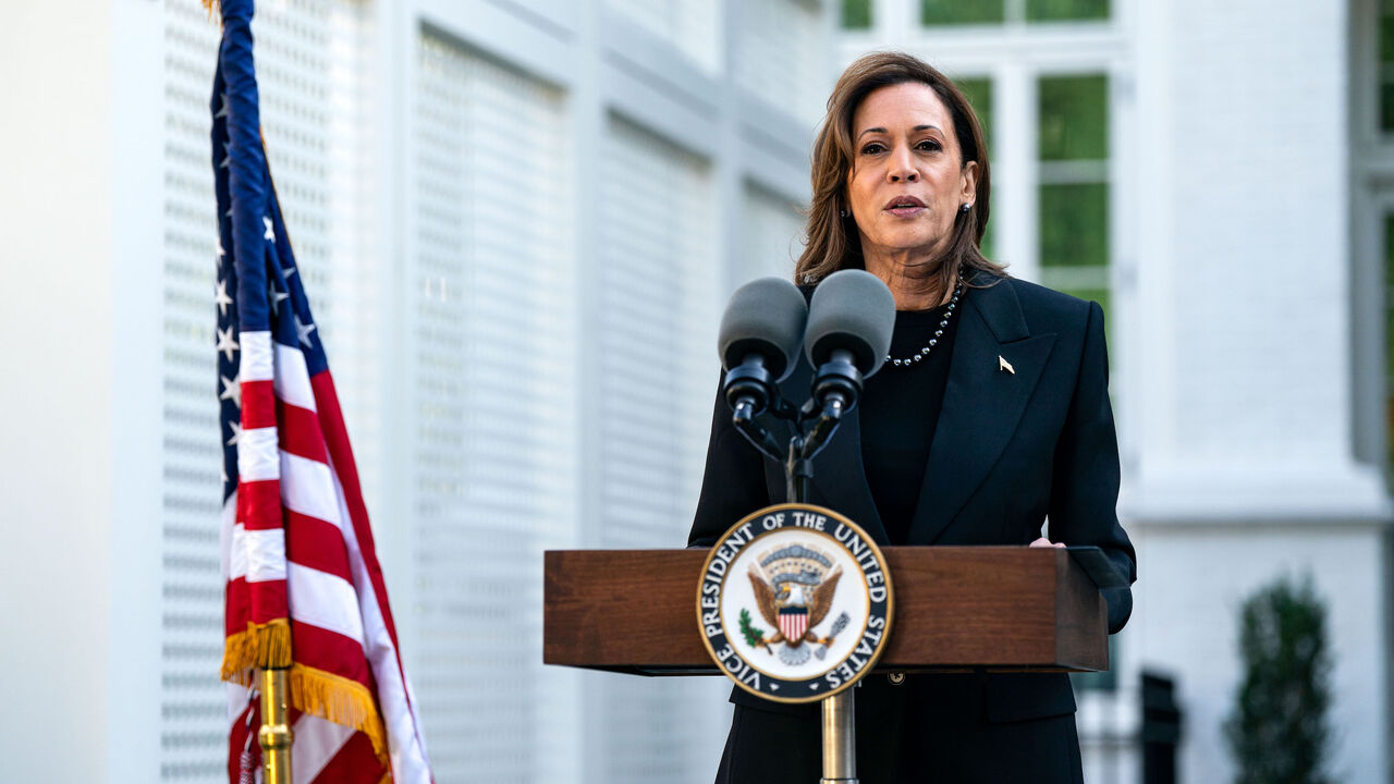 Vice President Kamala Harris speaks before planting a pomegranate tree at the Vice President's residence at the US Naval Observatory on Oct. 7, 2024 in Washington, DC. 